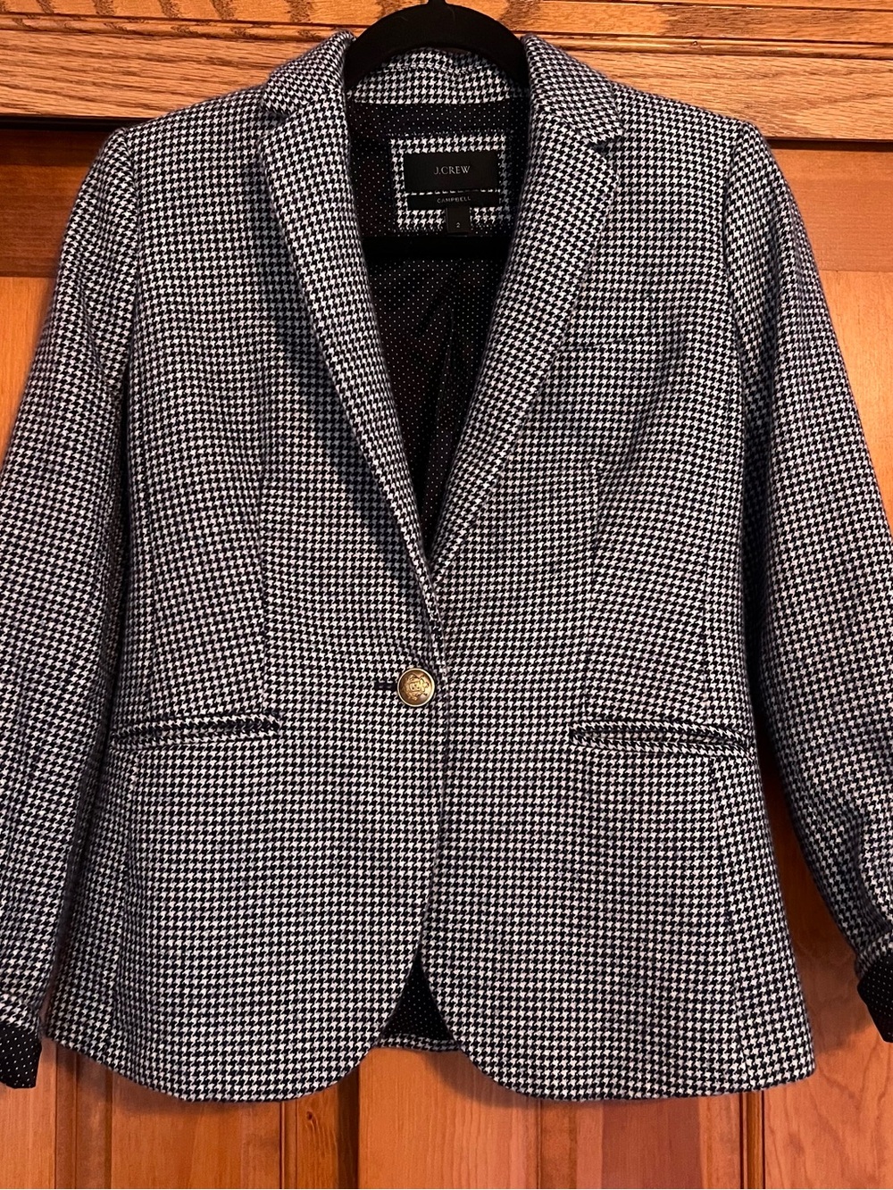 J. Crew Blue and White Houndstooth Campbell Blazer with Gold Button Detail